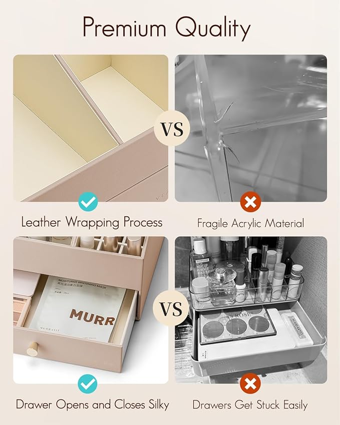Vlando Makeup Organzier,Vanity Organizer with Drawers, PU Leather Skincare Organizer Perfume Organizer,Large Cosmetic Display Case for Lipstick,Brushes Gifts for Women-Toffee