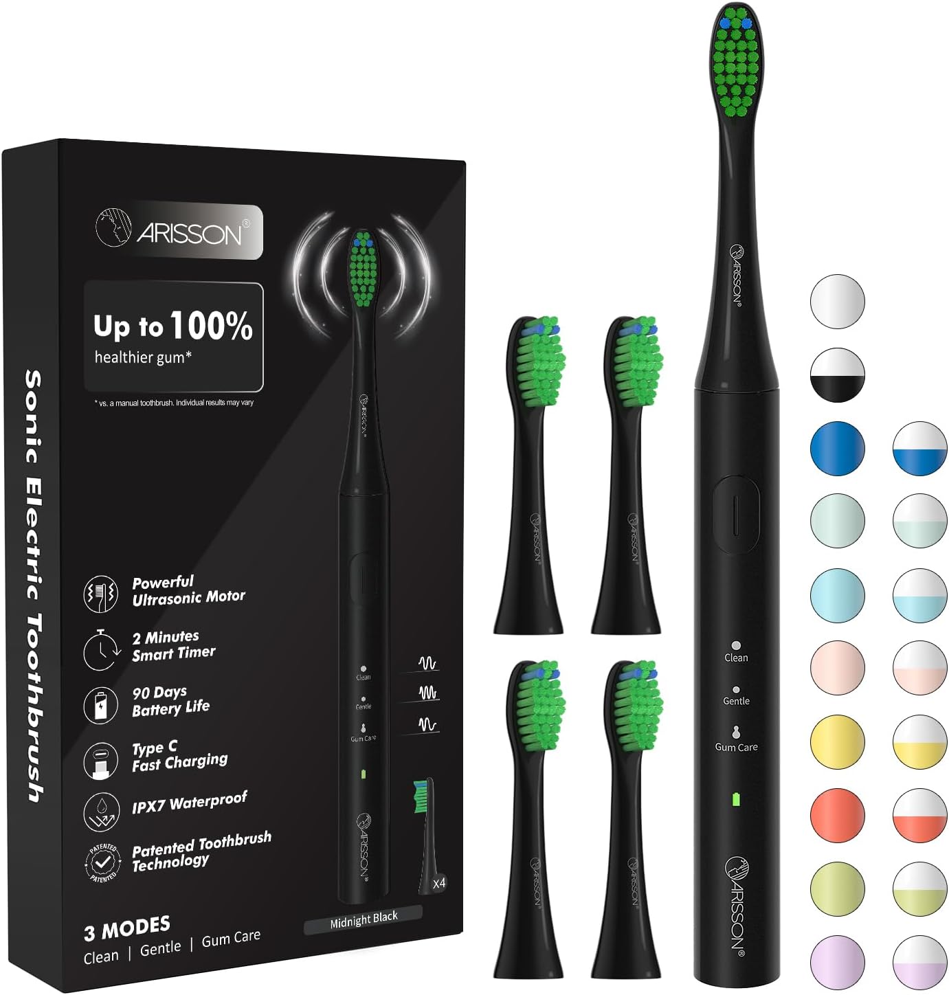 ARISSON Sonic Electric Toothbrush for Adults & Kids, 1.5H Fast Charge for 90 Days, 40,000 VPM Adjustable Clean, 4 Dupont Brush Heads, 1.6 Oz Compact Travel Case & Wall Holder, Black