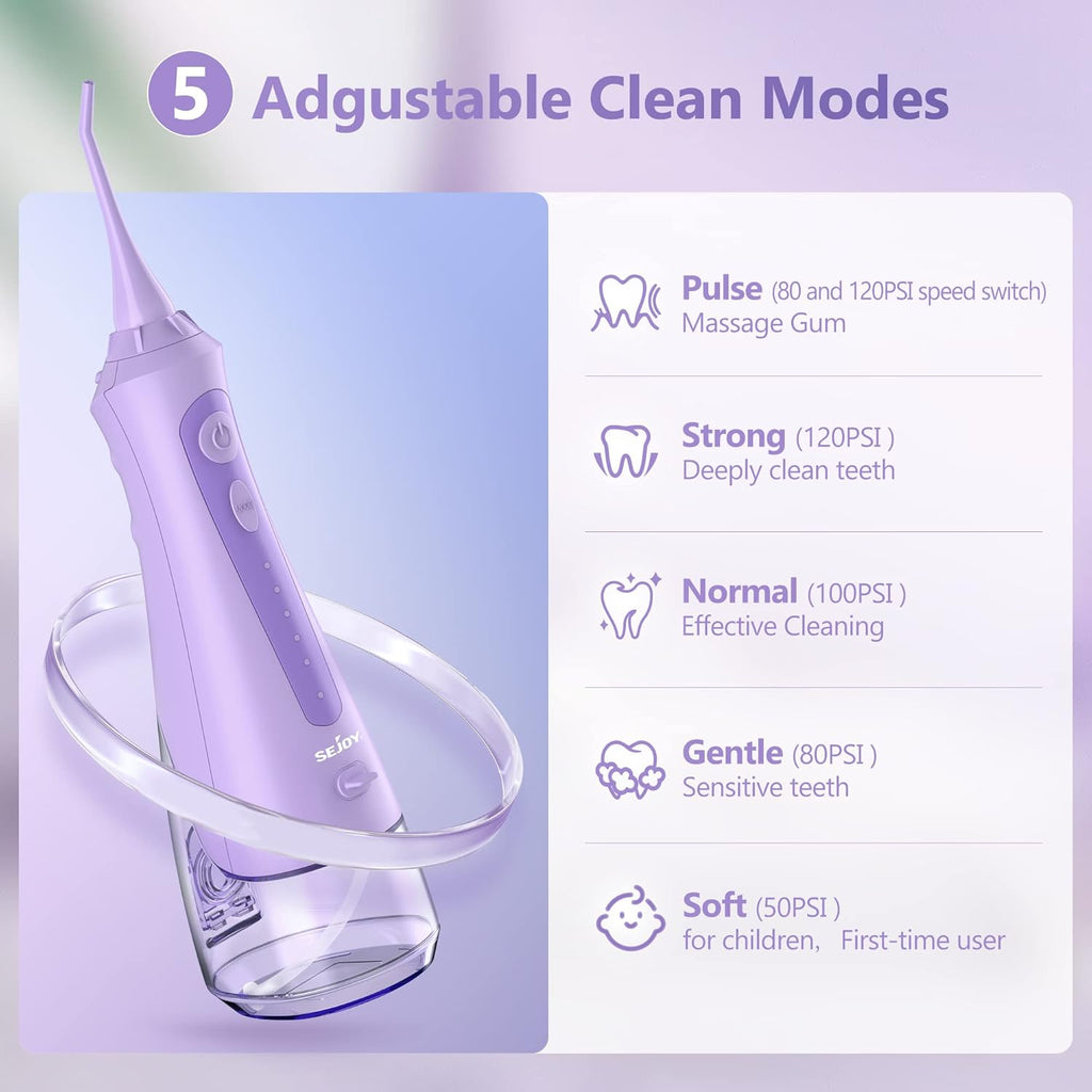 Sejoy Water Flossers for Teeth Cleaning, Water Flosser for Teeth Rechargeable Cordless, Electric Portable, 5 Cleaning Modes 8 Jet Tips, IPX7 Waterproof, 230ml, for Travel and Home