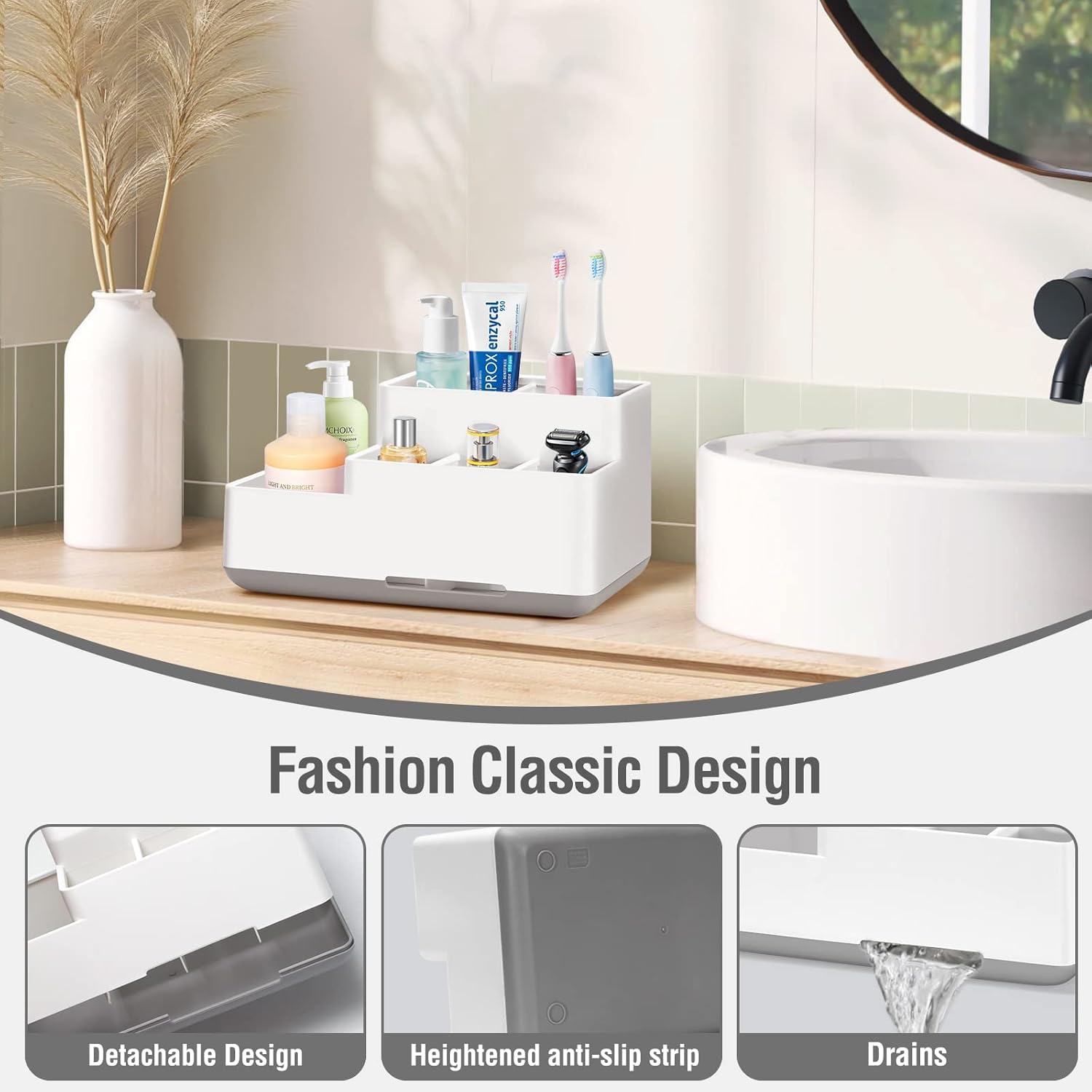 Electric Toothbrush Holder, Detachable Non-Slip Bathroom Organizer Countertop with 6 Compartments and Drainage Holes Bathroom Organizer for Bathroom, Kitchen, and Family