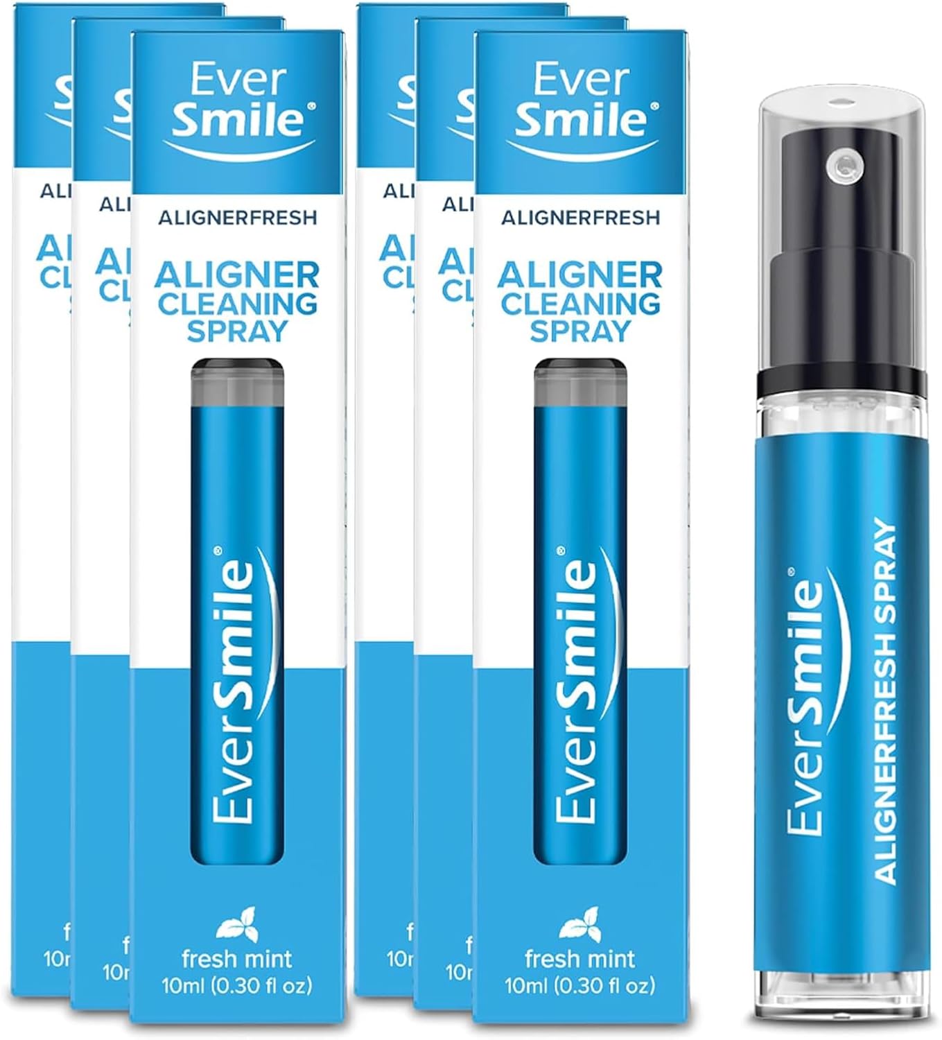 EverSmile AlignerFresh Cleaning Spray for Invisalign and All Clear Aligners and Retainers – On-the-Go Cleaning & Teeth Whitening, Kills Bacteria, Fights Bad Breath – Mint Flavor, 10ml (6 Pack)