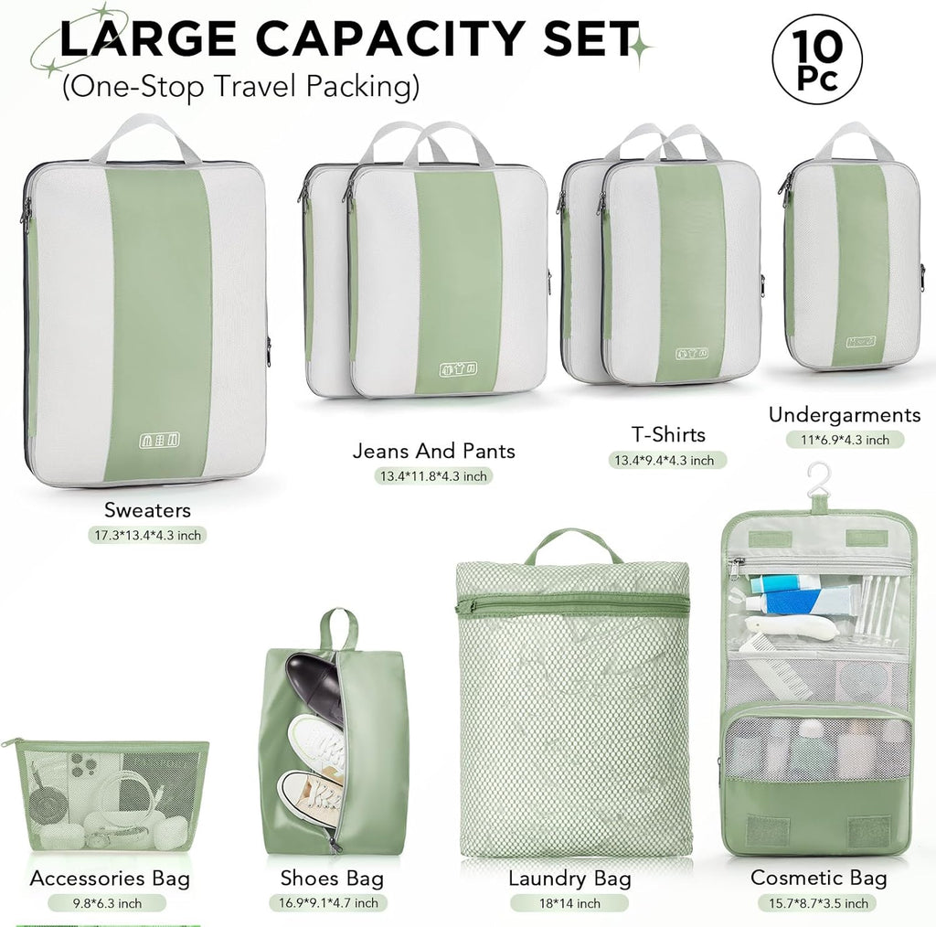 10 Set Compression Packing Cubes for Travel Essentials,Compressible Expandable Packing Cubes for Suitcase,OlarHike Luggage Organizer Bags for Travel,Handy Helper for Organizing Clothes(Matcha Green)