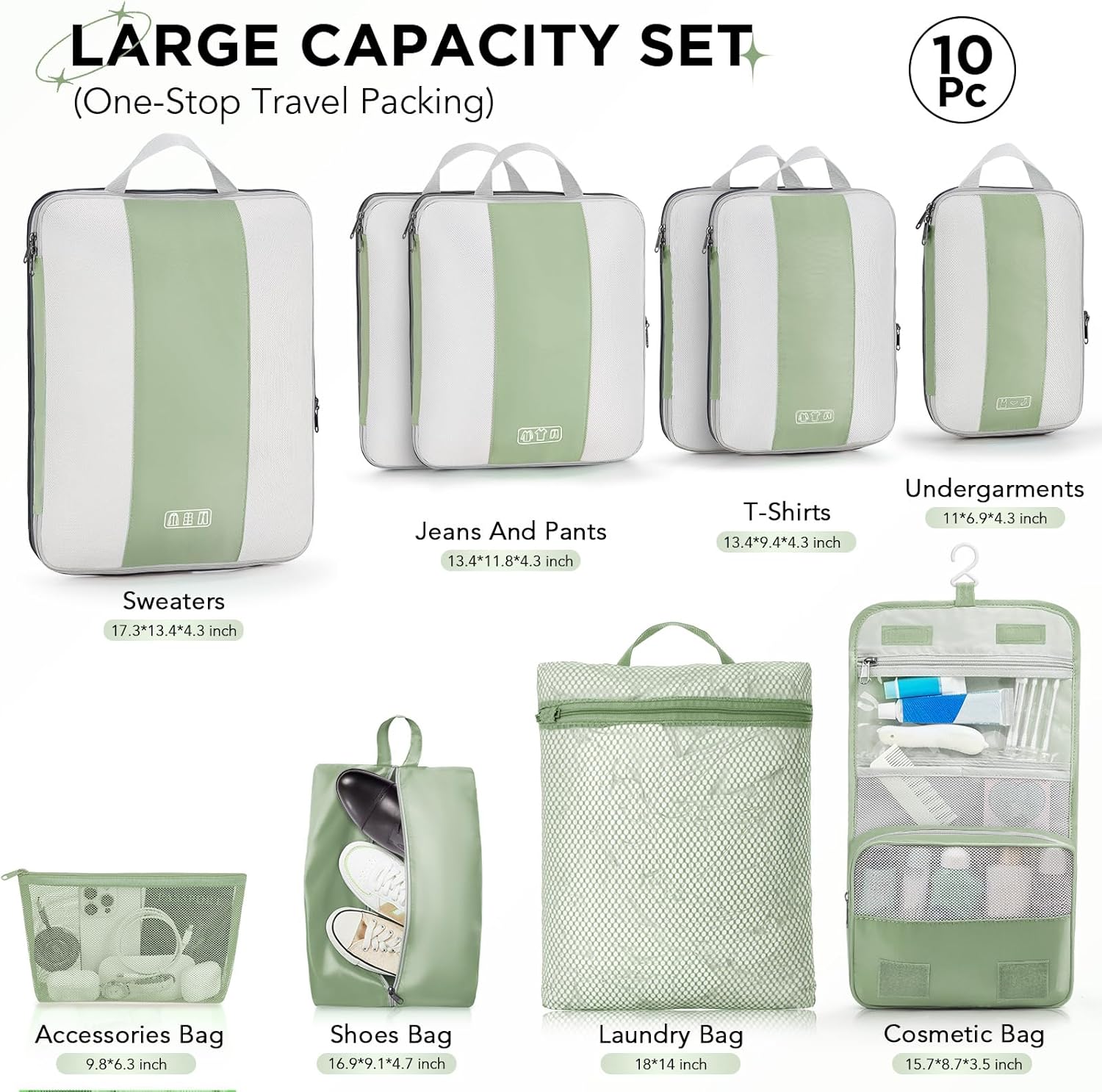 10 Set Compression Packing Cubes for Travel Essentials,Compressible Expandable Packing Cubes for Suitcase,OlarHike Luggage Organizer Bags for Travel,Handy Helper for Organizing Clothes(Matcha Green)