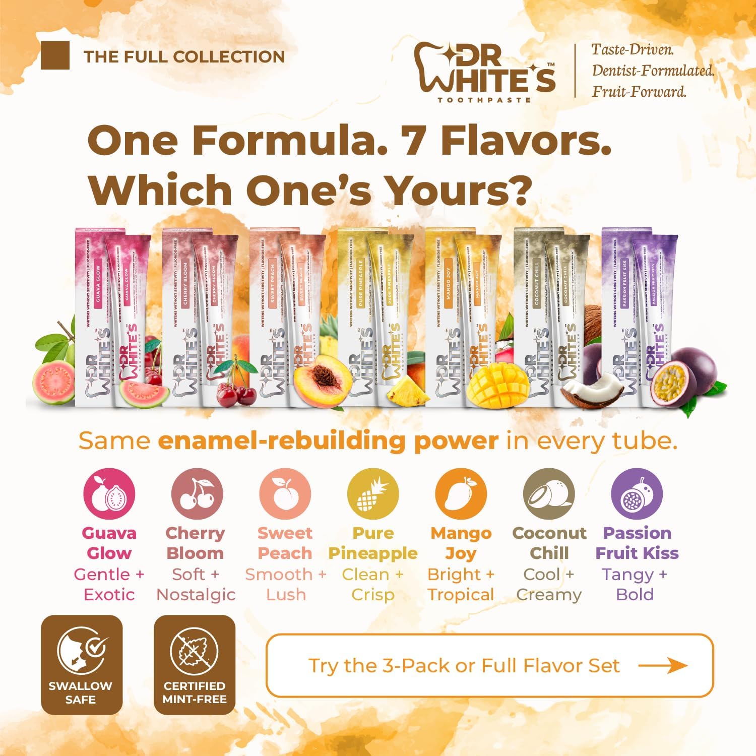 Dr. White’s Fluoride-Free nHA Toothpaste 2-Pack; Dentist-Formulated, Nano Hydroxyapatite + Xylitol, Sensitivity Relief Complex™, Mint-Free, Enamel Safe, Swallow-Safe (3.5 Oz, Mango Joy)