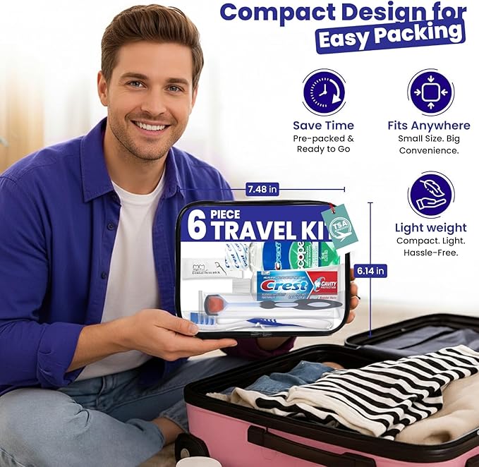 Trektote Bulk Toothpaste and Toothbrush Set- (100 Pack) 6 Piece Dental Care Kit, TSA Compliant, Includes Toothpaste, Toothbrush, Mouthwash, Flosses and Premium Toiletry Bag