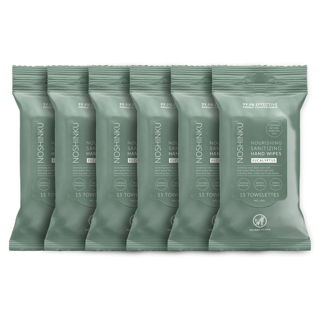 Noshinku Eucalyptus Hand Sanitizer Wipes, 6-Pack (90 Towelettes) – Resealable Travel Wipes with Ethyl Alcohol, Aloe & Green Tea, Plant-Based Fiber, Essential Oil Scents, Cruelty-Free & No Dyes