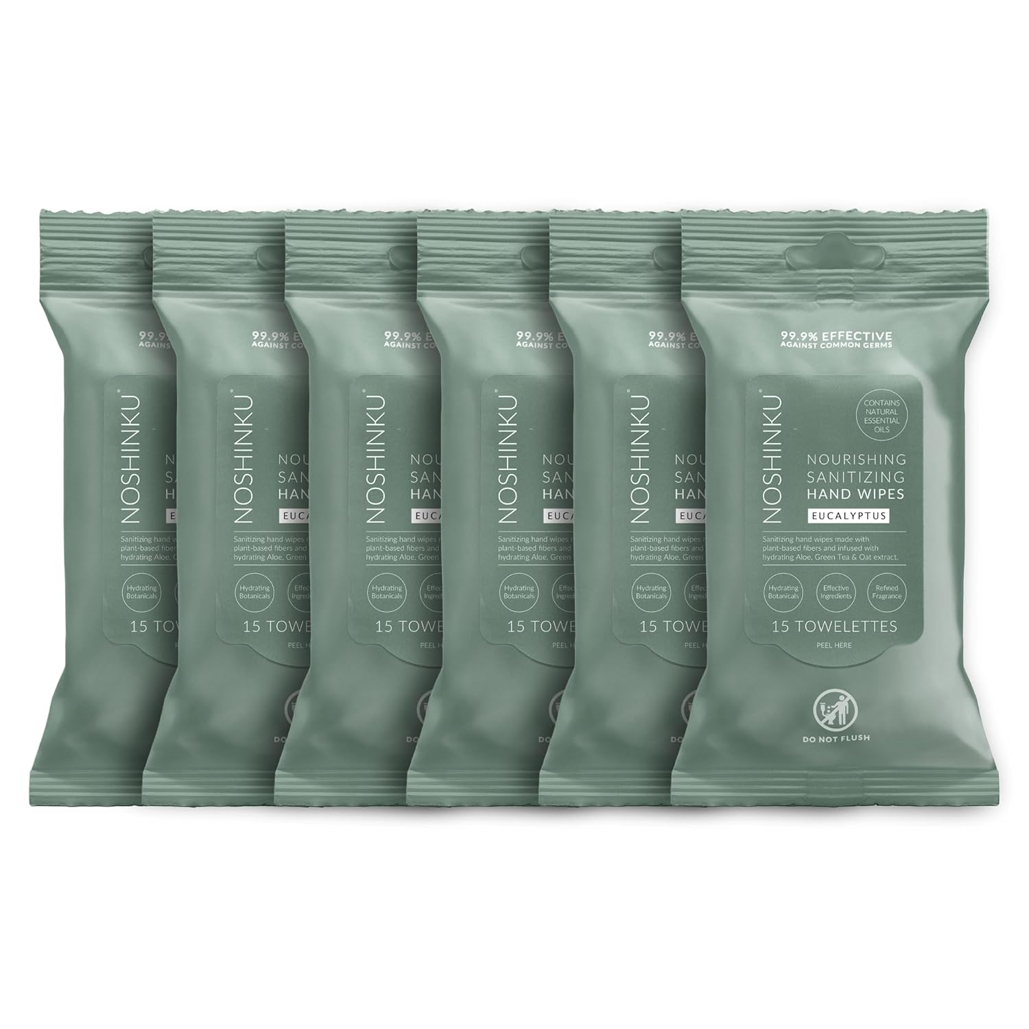 Noshinku Eucalyptus Hand Sanitizer Wipes, 6-Pack (90 Towelettes) – Resealable Travel Wipes with Ethyl Alcohol, Aloe & Green Tea, Plant-Based Fiber, Essential Oil Scents, Cruelty-Free & No Dyes