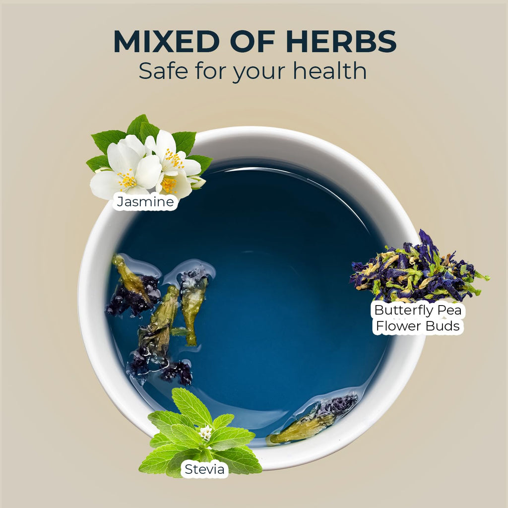 Butterfly Pea Flower Tea with Jasmine & Stevia - 55 Count (+5 Tea Bags) - 4.44 oz, Bamboo Tong, No Sugar Added & No Additives, Re-Steep Natural Herbal Tea Blend for Skin,Support