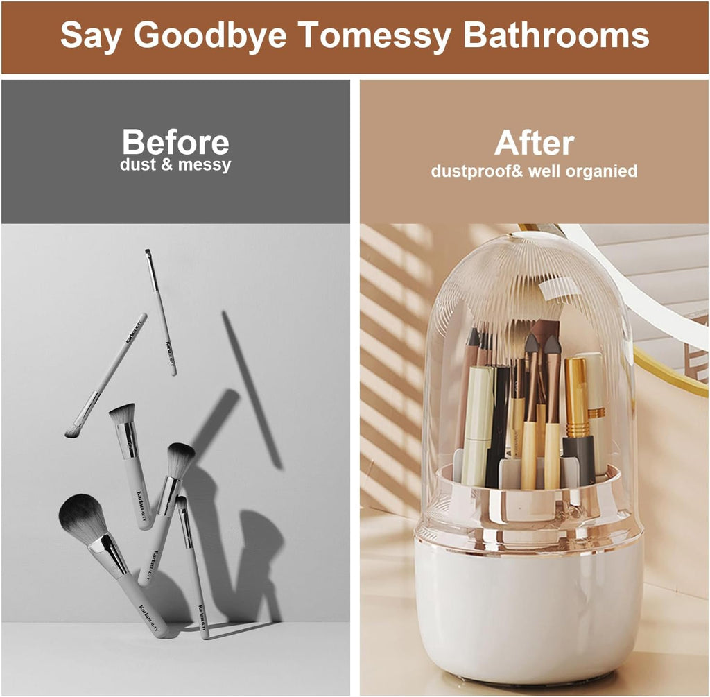 360° Rotating Toothbrush Holder with Cover, 7-Slot Bathroom Organizer for Electric Toothbrush, Toothpaste, Razors, Draining Water, Countertop Vanity Storage