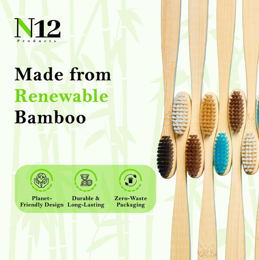 N12 Biodegradable Pack of 10 Bamboo Toothbrushes - Multicolored Charcoal BPA-Free Soft Bristol, Eco-Friendly, Sustainable Reusable Travel Tooth Brush