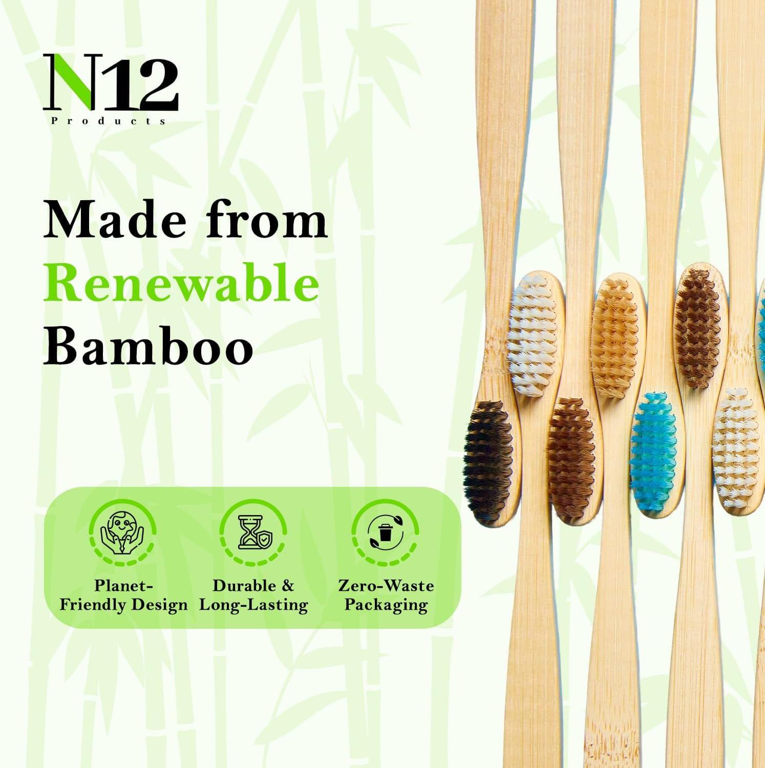 N12 Biodegradable Pack of 10 Bamboo Toothbrushes - Multicolored Charcoal BPA-Free Soft Bristol, Eco-Friendly, Sustainable Reusable Travel Tooth Brush