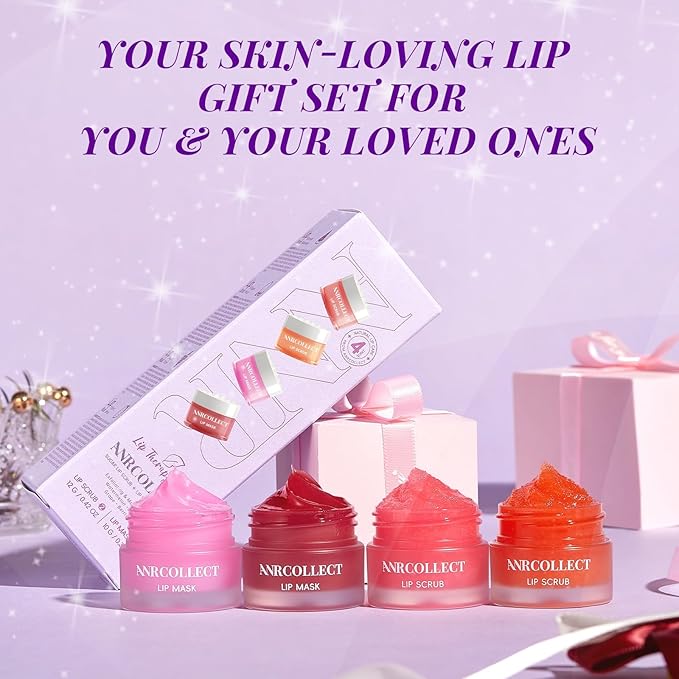 Lip Scrub & Lip Mask - Overnight Treatment Lip Care Kits with 2 Lip Exfoliator & 2 Sleeping Lip Balm, Intense Hydration Lip Set for Dry Chapped Cracked Lips, Exfoliate & Moisturize (4 Pack)