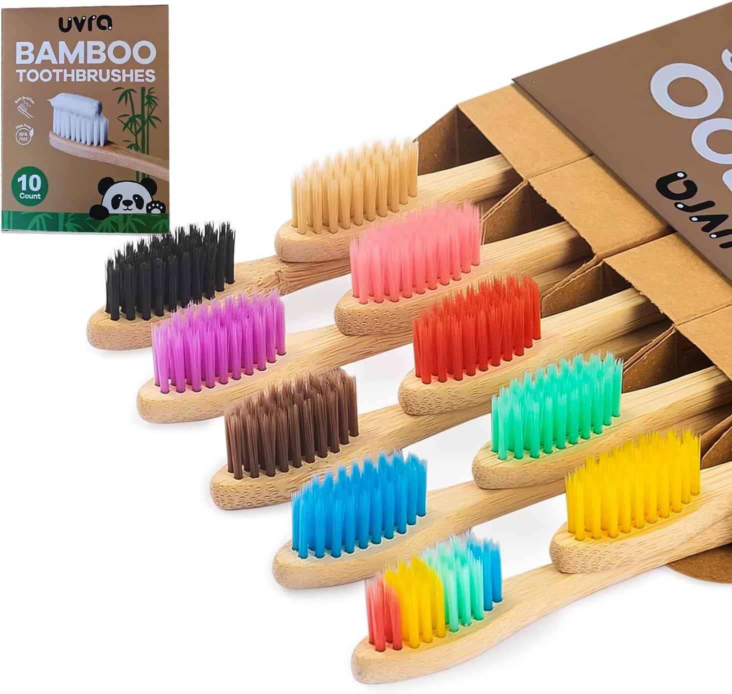 Bamboo Toothbrushes for Adults - 10 Pack Biodegradable Bamboo Toothbrush Teeth Colorful Bristle Natural Bamboo Tooth Brush Dental Eco Wood Toothbrushes (Multicolour)