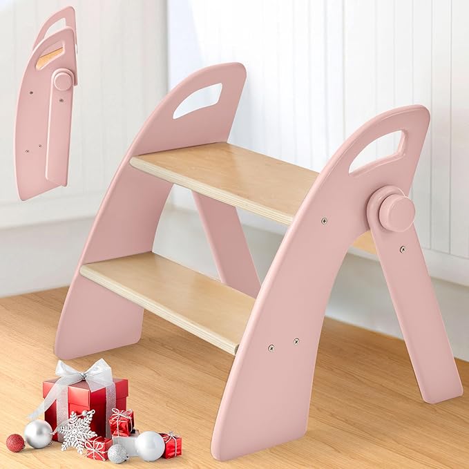 Wooden Step Stool, Two Step Stools, 300 lb. Load Capacity, with Safety Non-Slip Pads and Handles, Bamboo Step Stool for Bathroom and Kitchen, Children's Double Height Step Stools(Pink)