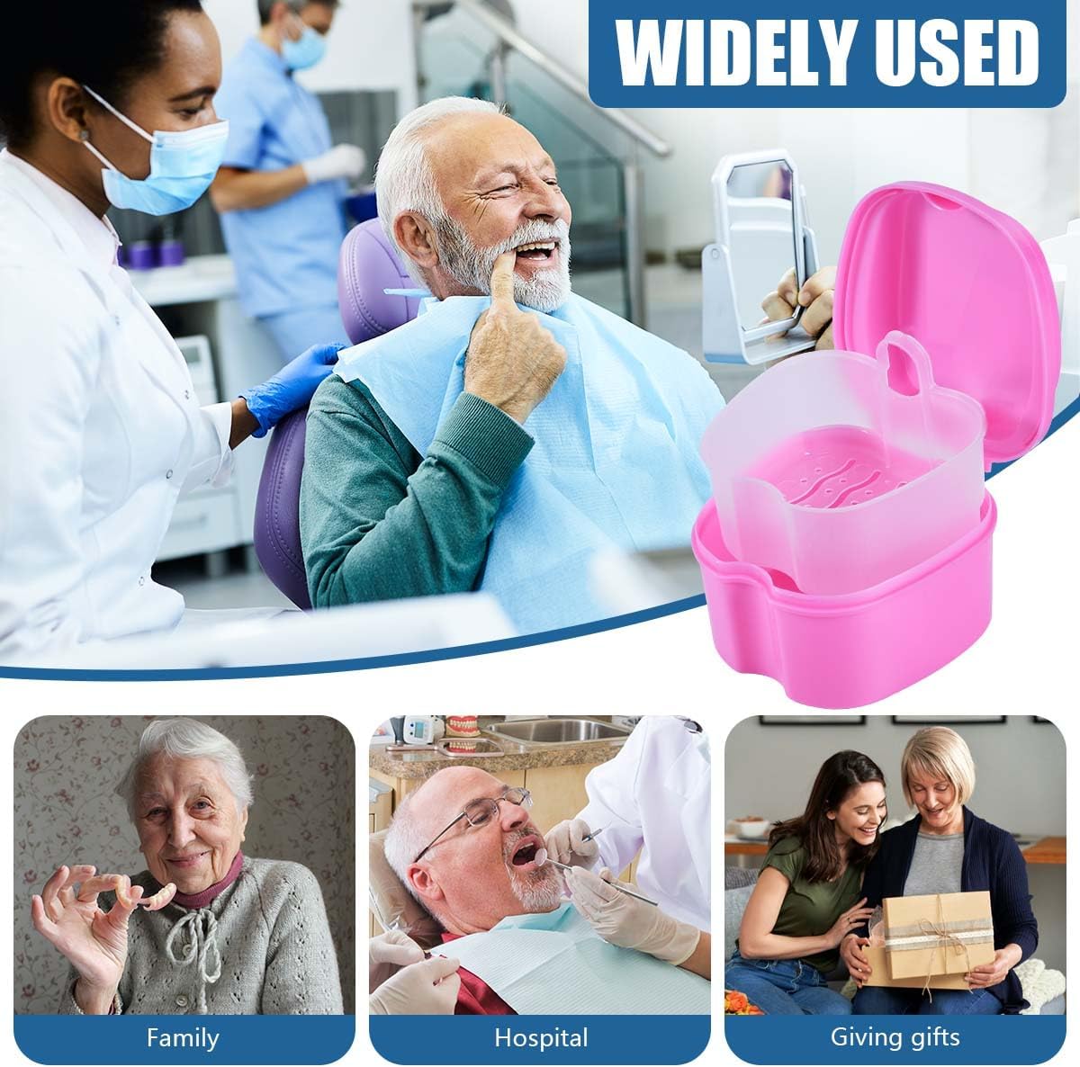 Pink Denture Bath Case Cup Box Holder Storage Soak Container with Strainer Basket for Travel Cleaning