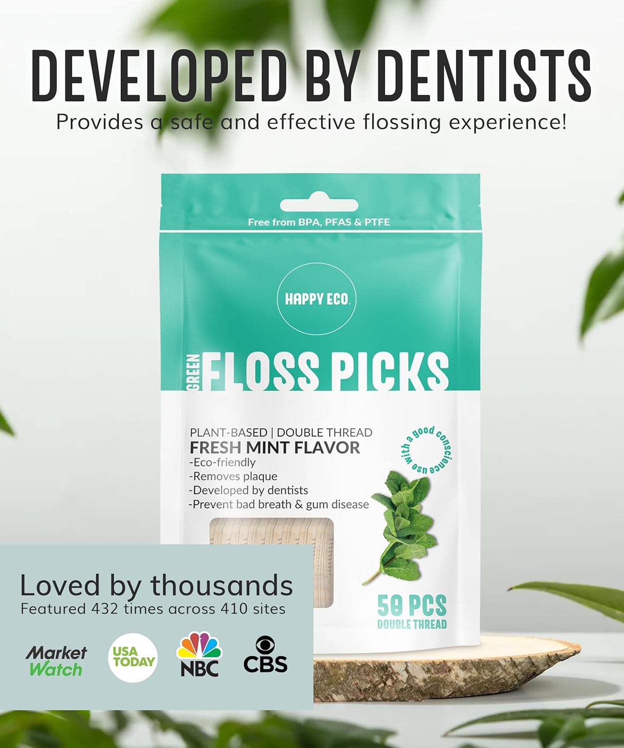 Floss Picks Biodegradable (200pcs) - Natural Dental Floss Picks, Vegan, Sustainable, Reusable, Shred Resistant and Nontoxic Plant-Based Material - Single Thread Mint
