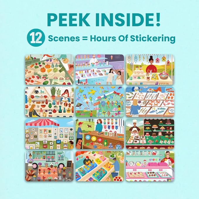 CUPKIN Sticker Book for Kids 2-4, 500+ Kids Stickers, Farmer's Market 12 Coloring Pages 12 Side by Side Scenes, Fun Toddler Travel Activity Coloring and Sticker Books for Children Ages 4-8 + 8-10