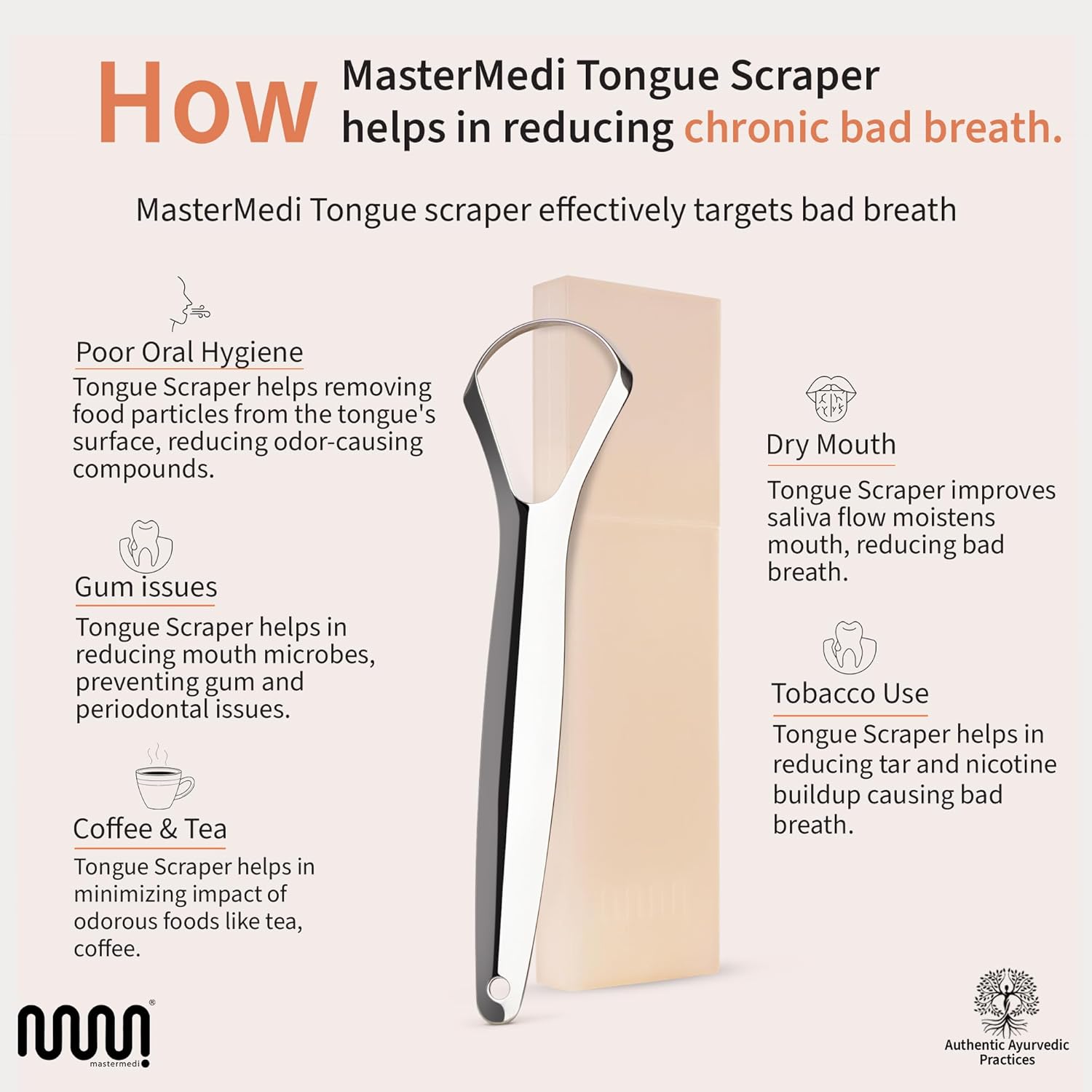 MasterMedi Tongue Scraper for Adults, 100% Stainless Steel Tongue Scrubber for Bad Breath, Easy to Use, Tongue Cleaner for Oral Care & Hygiene (SPTC-1|with Case)