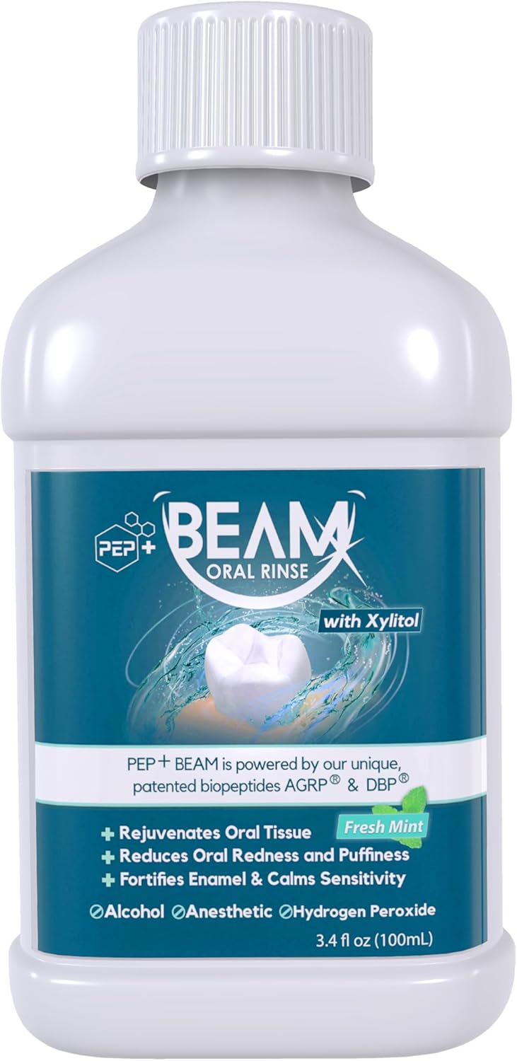 PEP+ BEAM Alcohol-Free Fluoride-Free Mouthwash with Peptides & Xylitol – Oral Rinse for Enamel Strength, Gum & Tissue Support, Fresh Breath & Microbiome Balance – Dentist Inspired, Travel Size 3.4 oz