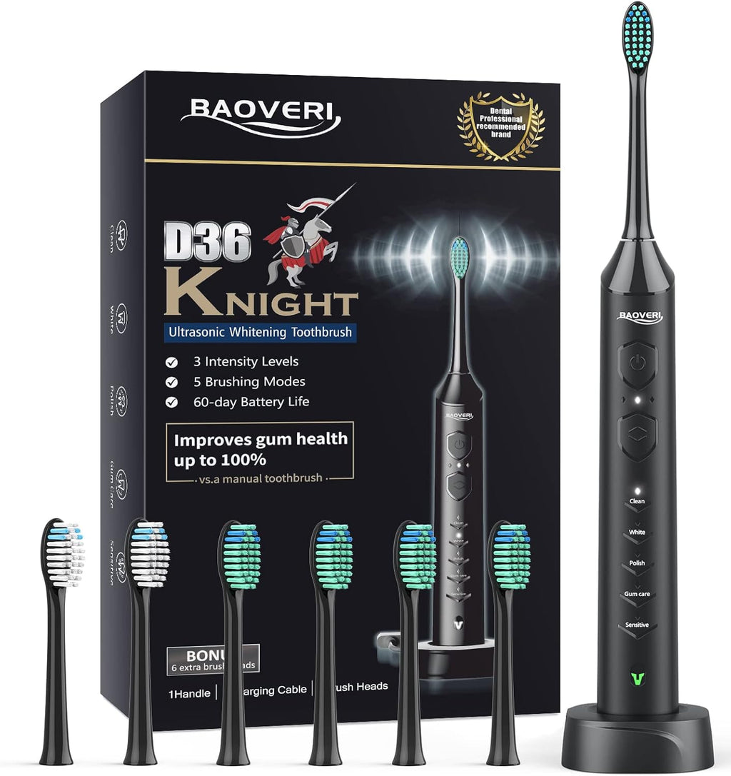 BAOVERI Sonic Electric Toothbrush for Adults - Wireless Rechargeable Toothbrush, 6 Brush Heads - 5 Brushing Modes with 3 Intensities - 42000 VPM Motor - Charge Lasts Up to 60 Days (Midnight Black)