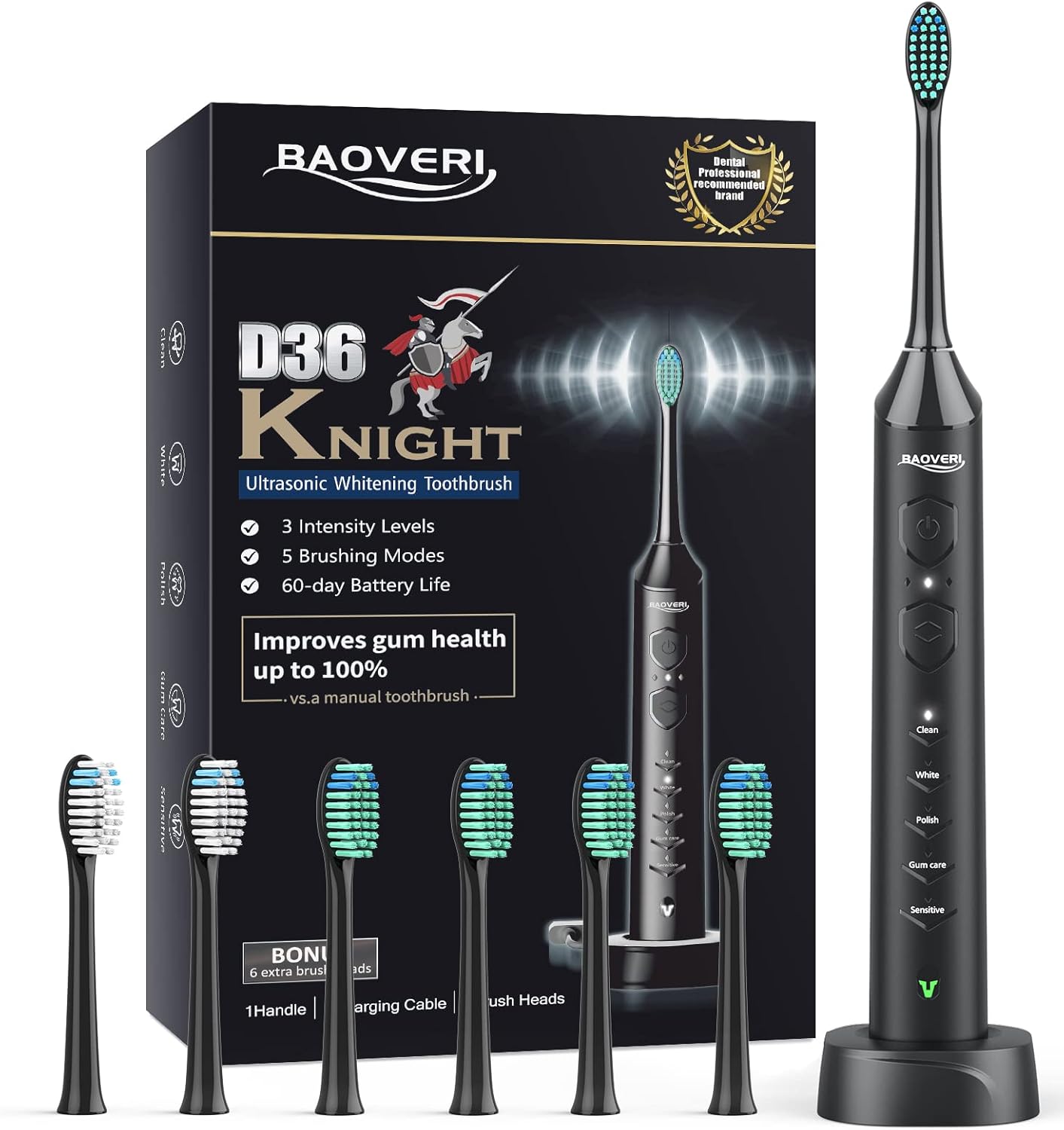 BAOVERI Sonic Electric Toothbrush for Adults - Wireless Rechargeable Toothbrush, 6 Brush Heads - 5 Brushing Modes with 3 Intensities - 42000 VPM Motor - Charge Lasts Up to 60 Days (Midnight Black)