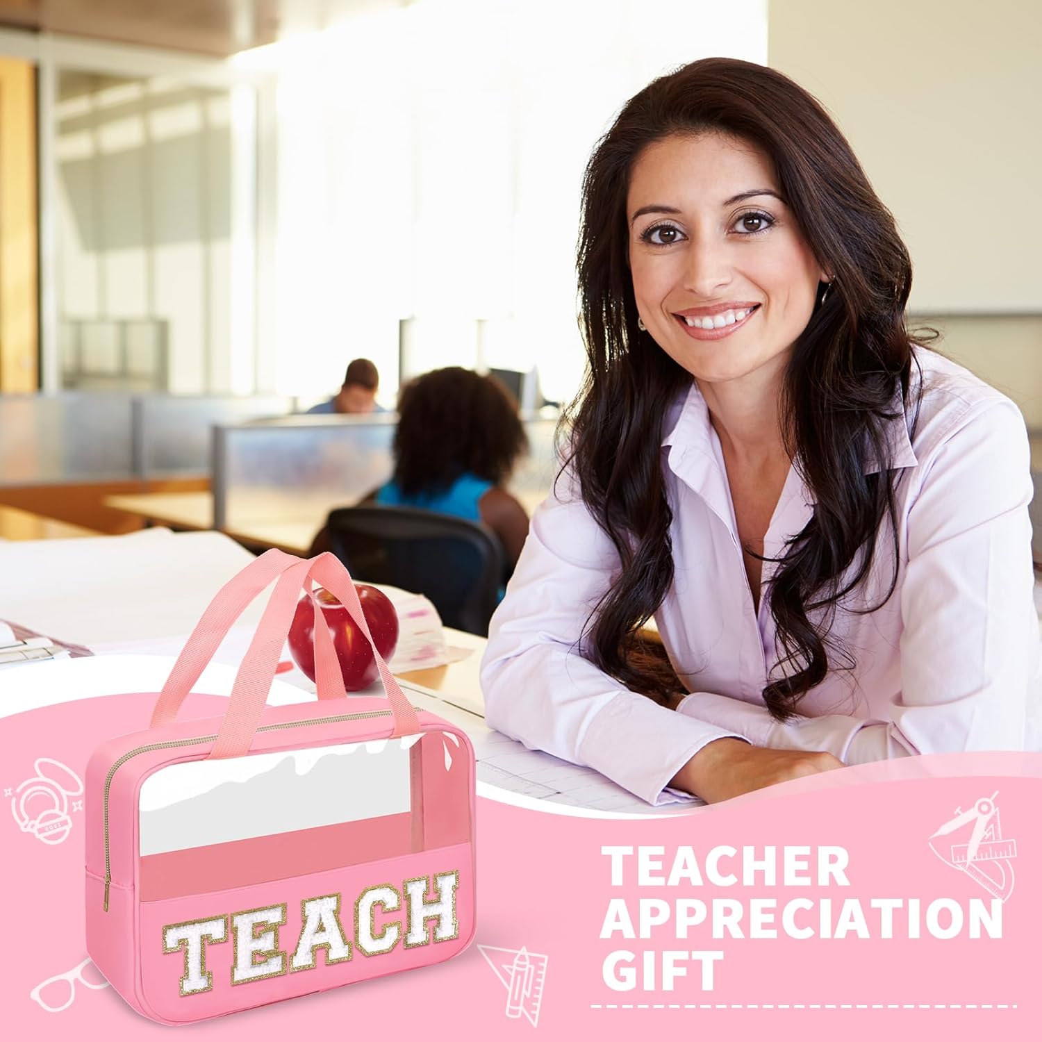 Teacher Appreciation Gifts Chenille Letter Clear Makeup Bag TEACH Pouch, Preppy Waterpoof Makeup Cosmetic Bag with Zipper Graduation Retirement Birthday Teacher Essentials Gifts for Women(TEACH-Pink)