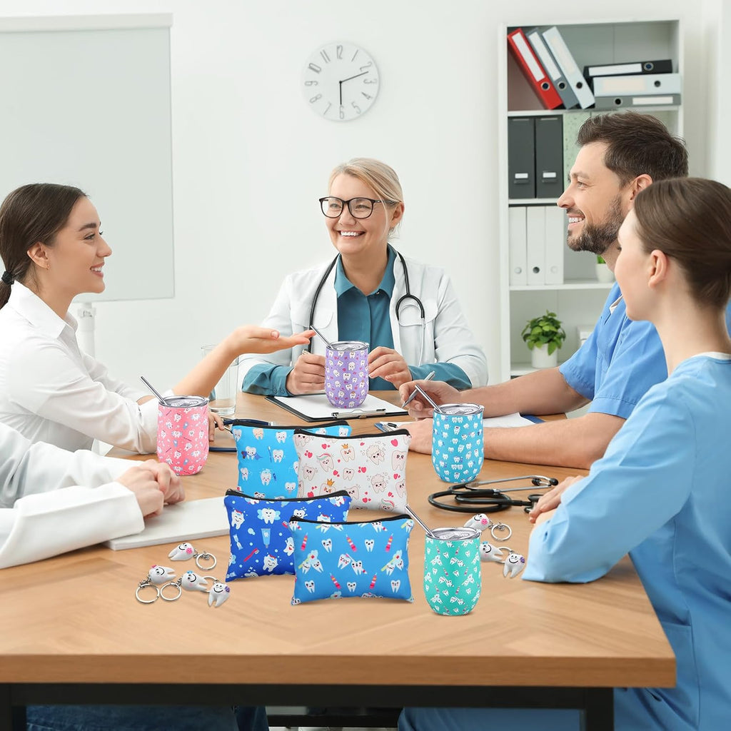 16 Pcs Dental Hygienist Gifts Bulk Include12 oz Teeth Stainless Steel Tumbler Cosmetic Bag Tooth Shape Keychain Tooth Socks Dental Assistant Gifts for Nurse Graduation Accessories