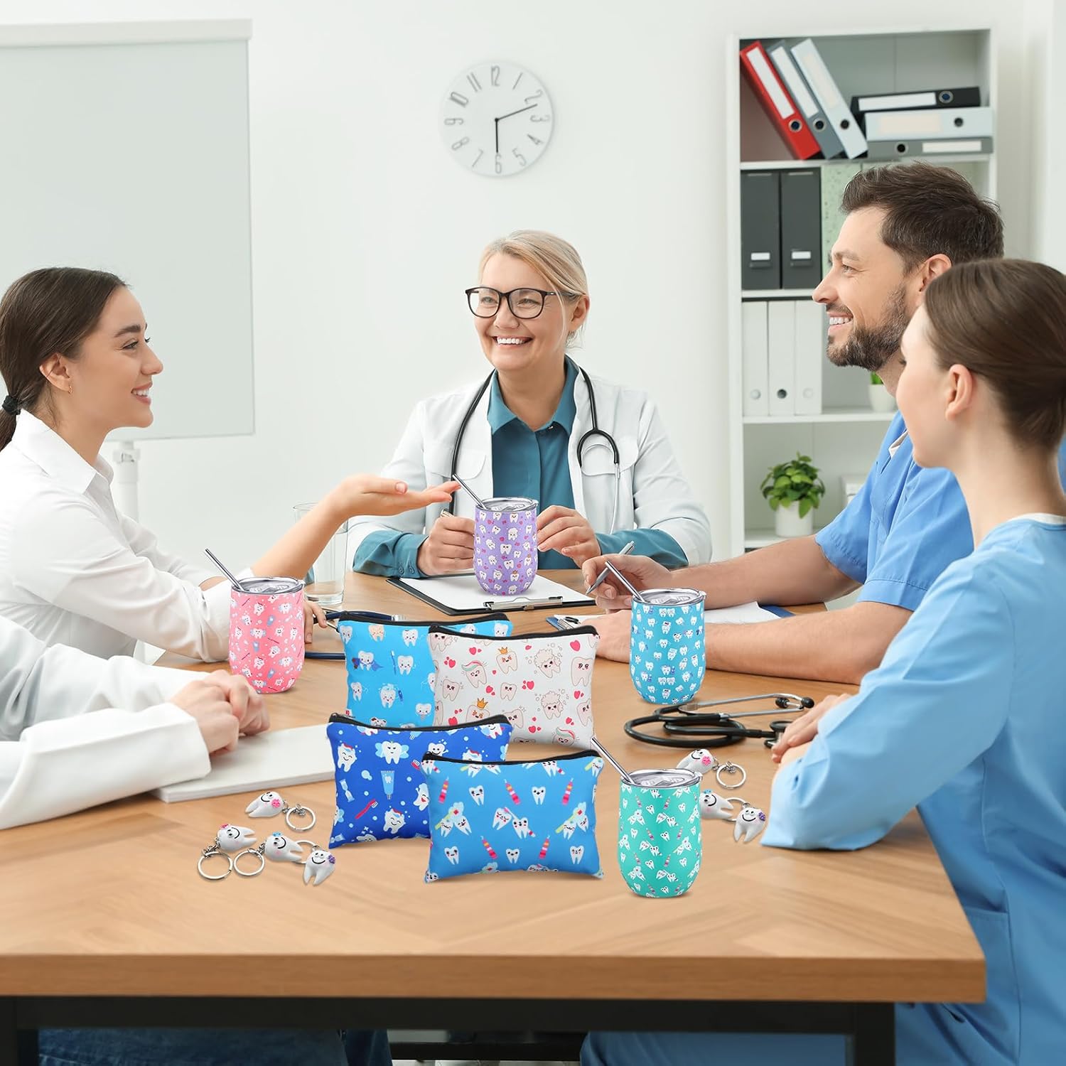 16 Pcs Dental Hygienist Gifts Bulk Include12 oz Teeth Stainless Steel Tumbler Cosmetic Bag Tooth Shape Keychain Tooth Socks Dental Assistant Gifts for Nurse Graduation Accessories