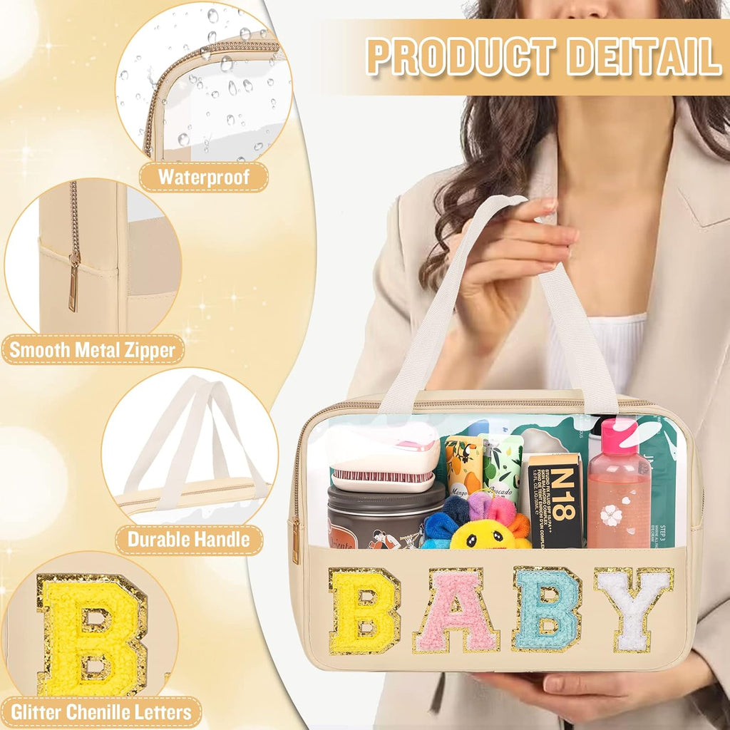 Preppy Clear Baby Makeup Bags with Chenille Letter Patches, Travel Essentials Large Clear Make up Bag Zipper Pouch with Handle, Waterproof Nylon Cosmetic Toiletry Storage Tote for Women (BABY-Beige)