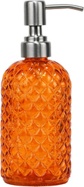 16 oz Diamond Pattern Glass Soap Dispenser, Kitchen and Bathroom Refillable Soap Dispenser with Rust Resistant Stainless Steel Pump for Hand Soap, Lotion Glass Liquid Dispenser (Orange)
