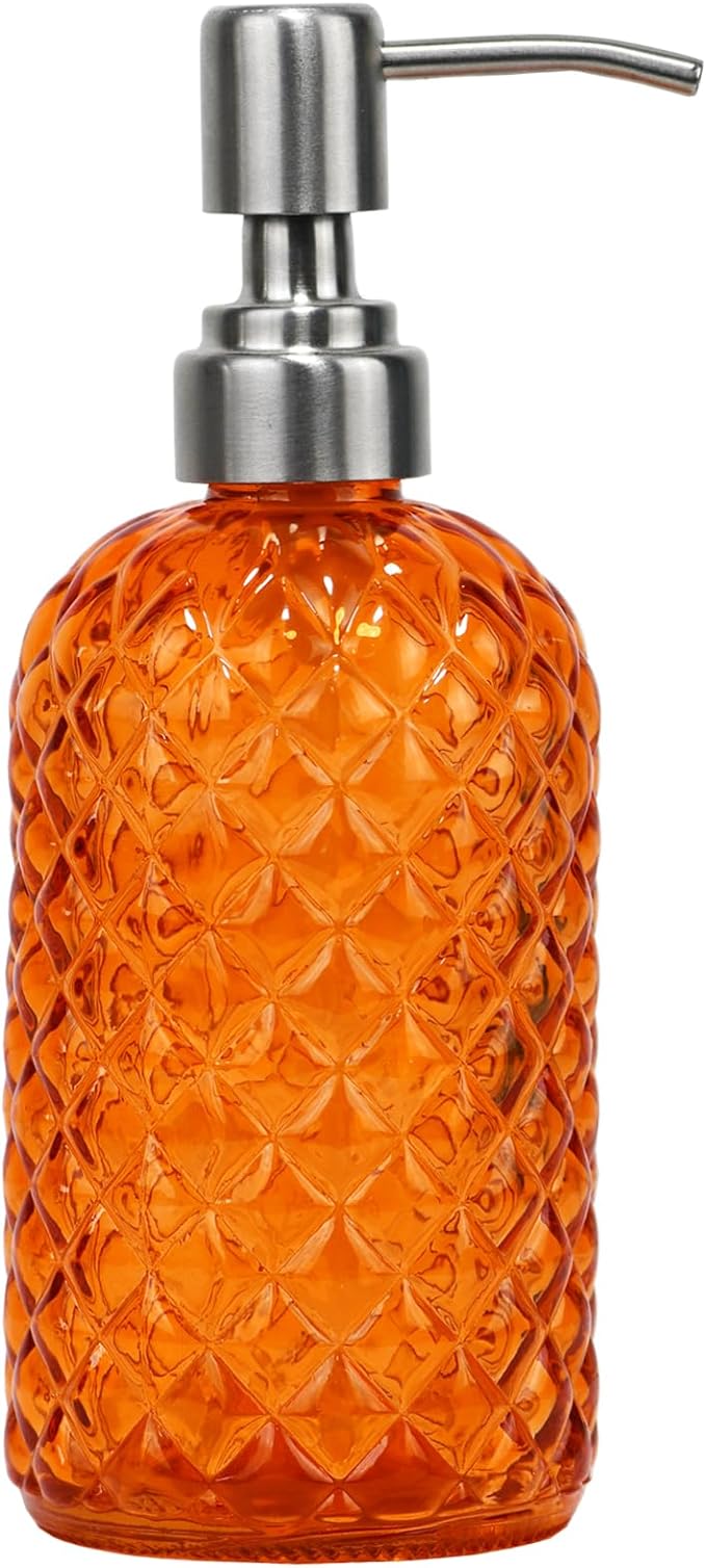 16 oz Diamond Pattern Glass Soap Dispenser, Kitchen and Bathroom Refillable Soap Dispenser with Rust Resistant Stainless Steel Pump for Hand Soap, Lotion Glass Liquid Dispenser (Orange)
