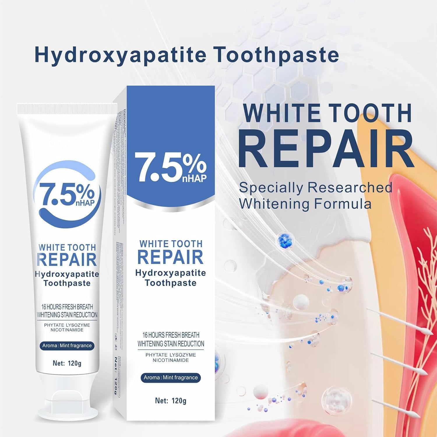 2pcs 7.5% Hydroxyapatite Toothpastes for Enamel Protection and Tooth Strengthening, 7.5% Nano Hydroxyapatite Toothpaste White Tooth Repair, Fluoride-Free, Gentle Mint, Fresh Breath