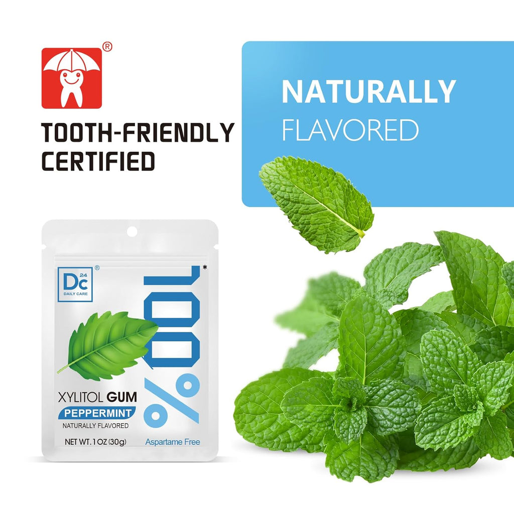 DC24 DAILY CARE 100% Xylitol Gum, Aspartame Free, Sugar Free Peppermint Chewing Gum, Natural Flavors, Gluten Free, Vegan, 20 Pieces, Pack of 5