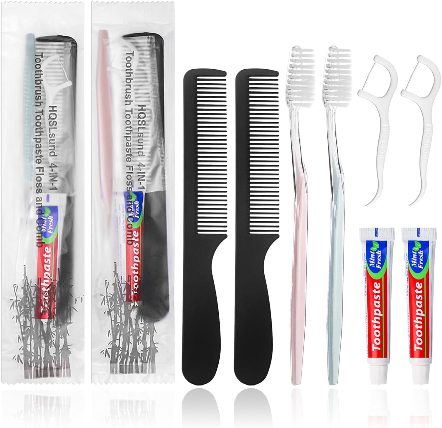 20pcs Disposable Toothbrushes with Toothpaste and Comb Floss Individually Wrapped, 4-in-1 Bulk Toothbrush Kit with 2 Color Toothbrush,10g Toothpaste,7 inch Comb, Floss Pick for Homeless,Hotel