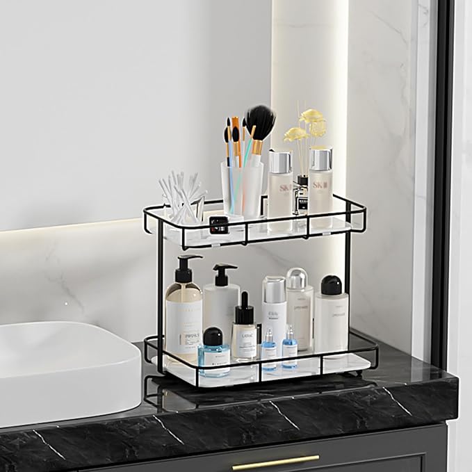 Bathroom Organizer Countertop Perfume Organizer Makeup Organizer Cosmetics Storage Display Rack Vanity Tray Dresser Stainless Steel Gold Shelf White Marble Ceramic Tray