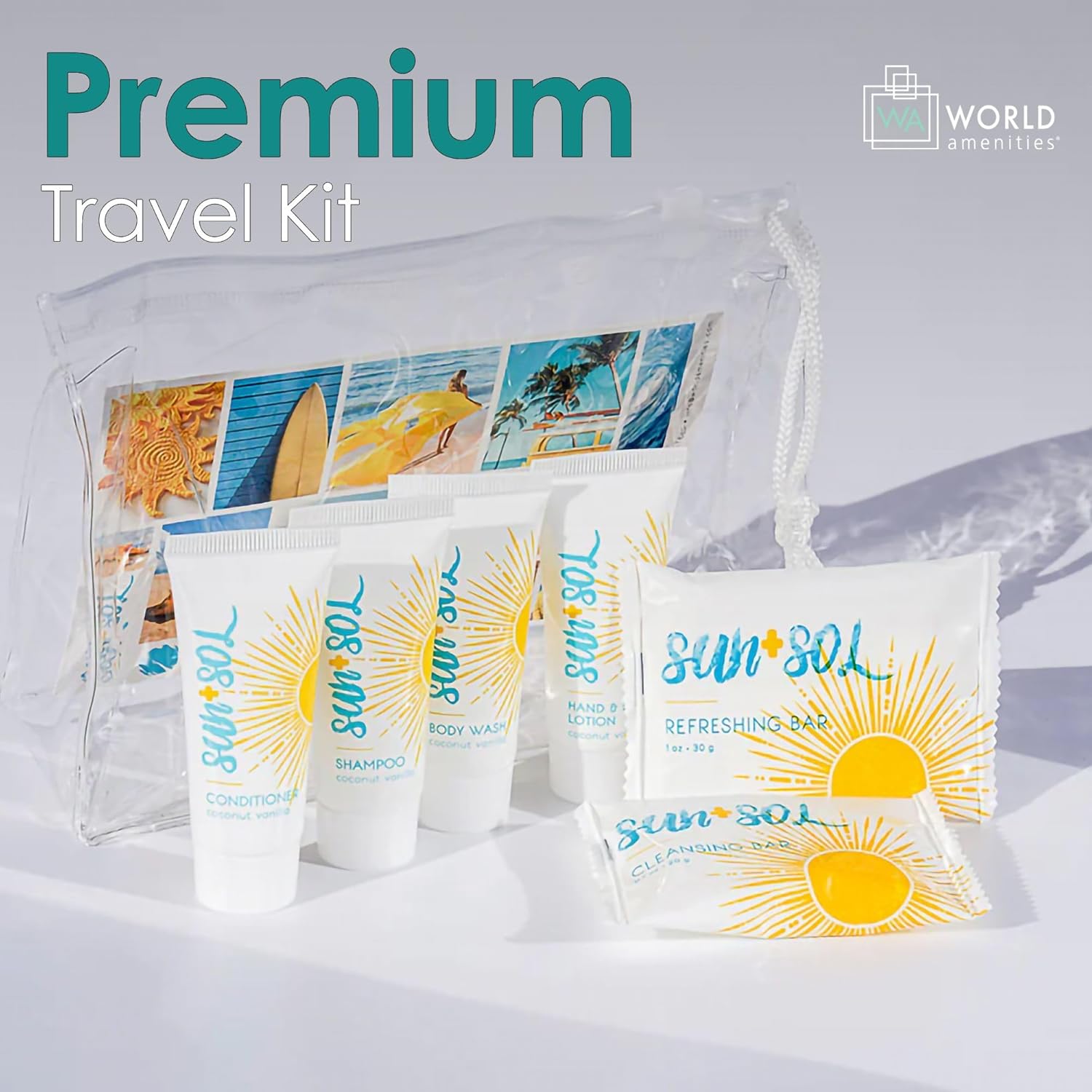 World Amenities Sun+Sol Mini Travel Size Hotel Toiletries Bathroom Kit - Case of 25 Sets - Warm Coconut & Vanilla - Shampoo, Conditioner, Body Wash, Lotion, Cleansing Bar, Soap Bar