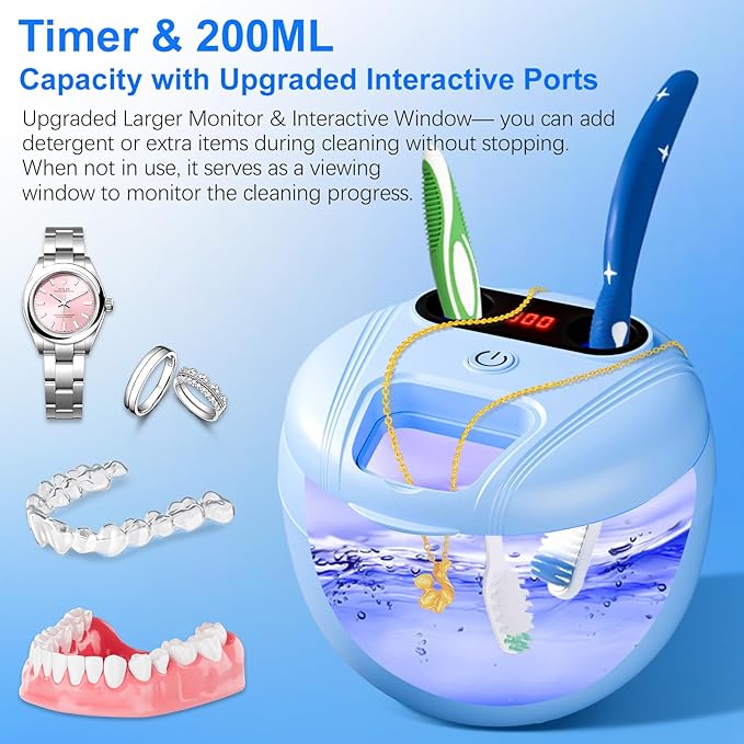 Ultrasonic Retainer Cleaner, 45kHz Retainer Cleaner Machine for Denture Cleaning Pod for Mouth Guards|Aligners|Braces|Toothbrush Heads|Jewelry, 200ML Dental Cleaning Pod with 4 Modes & Digital Timer
