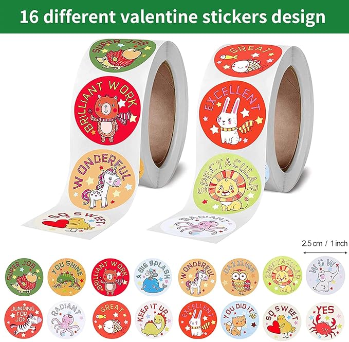 1000 PCS Cartoon Animal Stickers for Kids,Reward Stickers for Kid Teacher Classroom School Home Office (1 Inch / 2 Rolls)