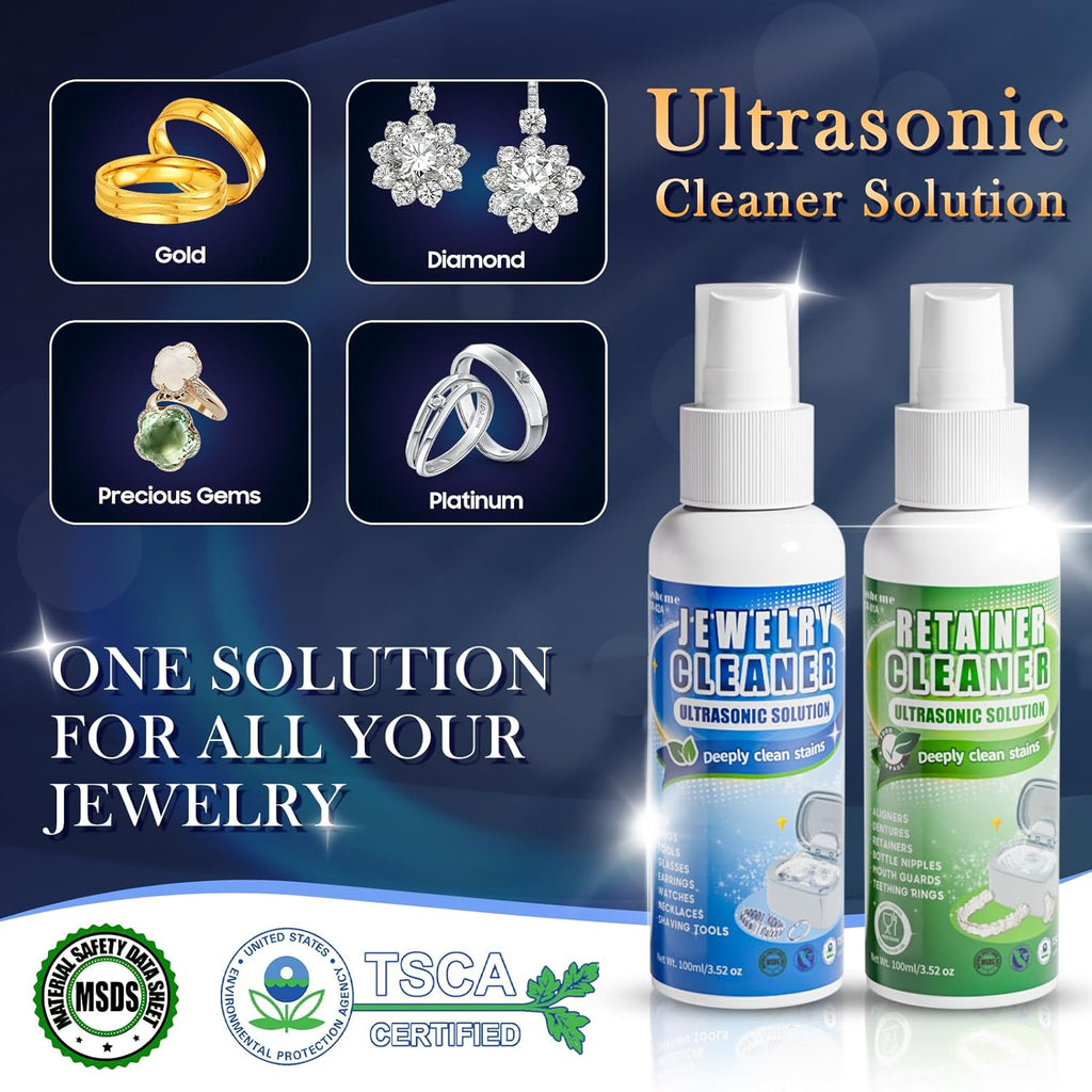 Ultrasonic Cleaner Set with Basket & Light, 304 Stainless Steel Tank, Includes 2×100ml Cleaning Solutions for Silver, Gold, Diamond Rings, Retainers, Glasses, Dentures & Watches