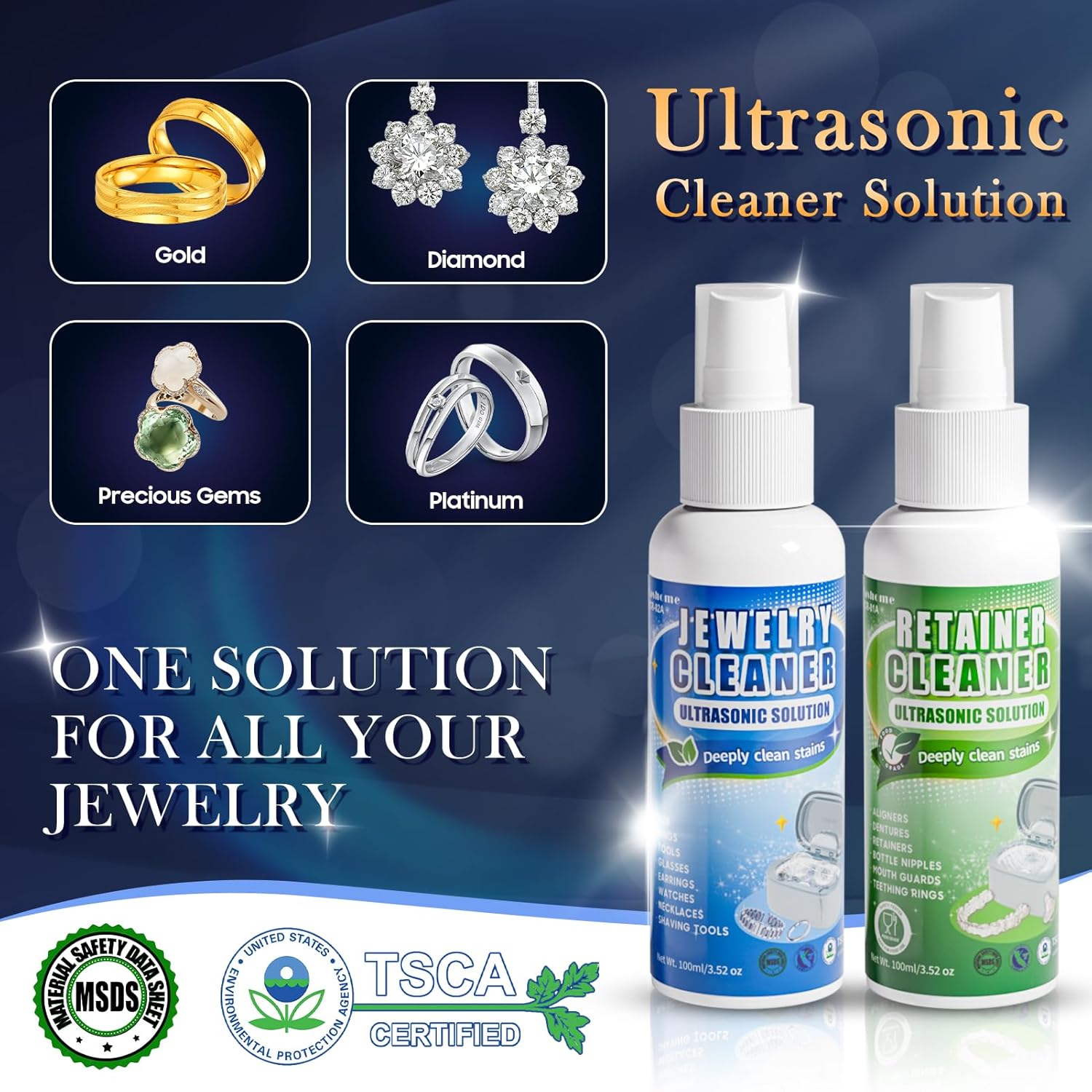 Ultrasonic Cleaner Set with Basket & Light, 304 Stainless Steel Tank, Includes 2×100ml Cleaning Solutions for Silver, Gold, Diamond Rings, Retainers, Glasses, Dentures & Watches