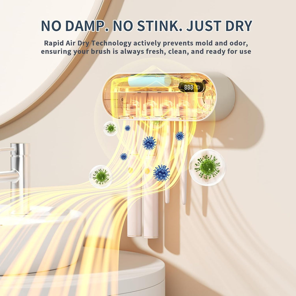 UV Toothbrush Cleaner and Holder with Air Drying & LED Smart Screen, 4 Slot Family Size Electric Toothbrush Organizer Wall Mounted No Drill for Bathroom