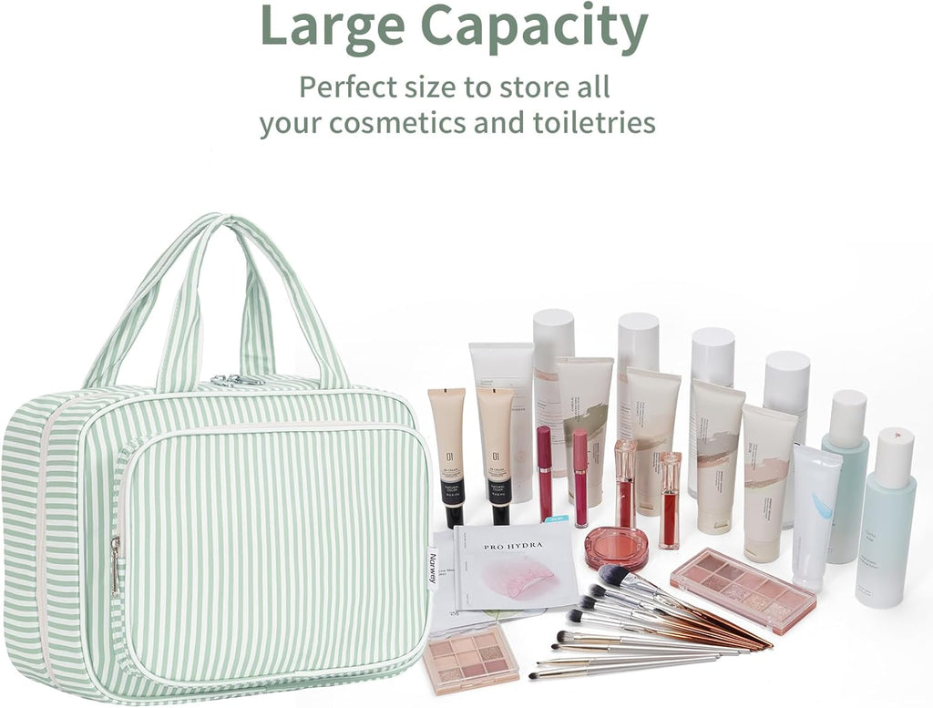 Narwey Striped Travel Toiletry Bag for Women Large Hanging Makeup Bag Organizer Toiletries Bag for Full Size Essentials Accessories Cosmetics (Mint Green Stripe (Large))