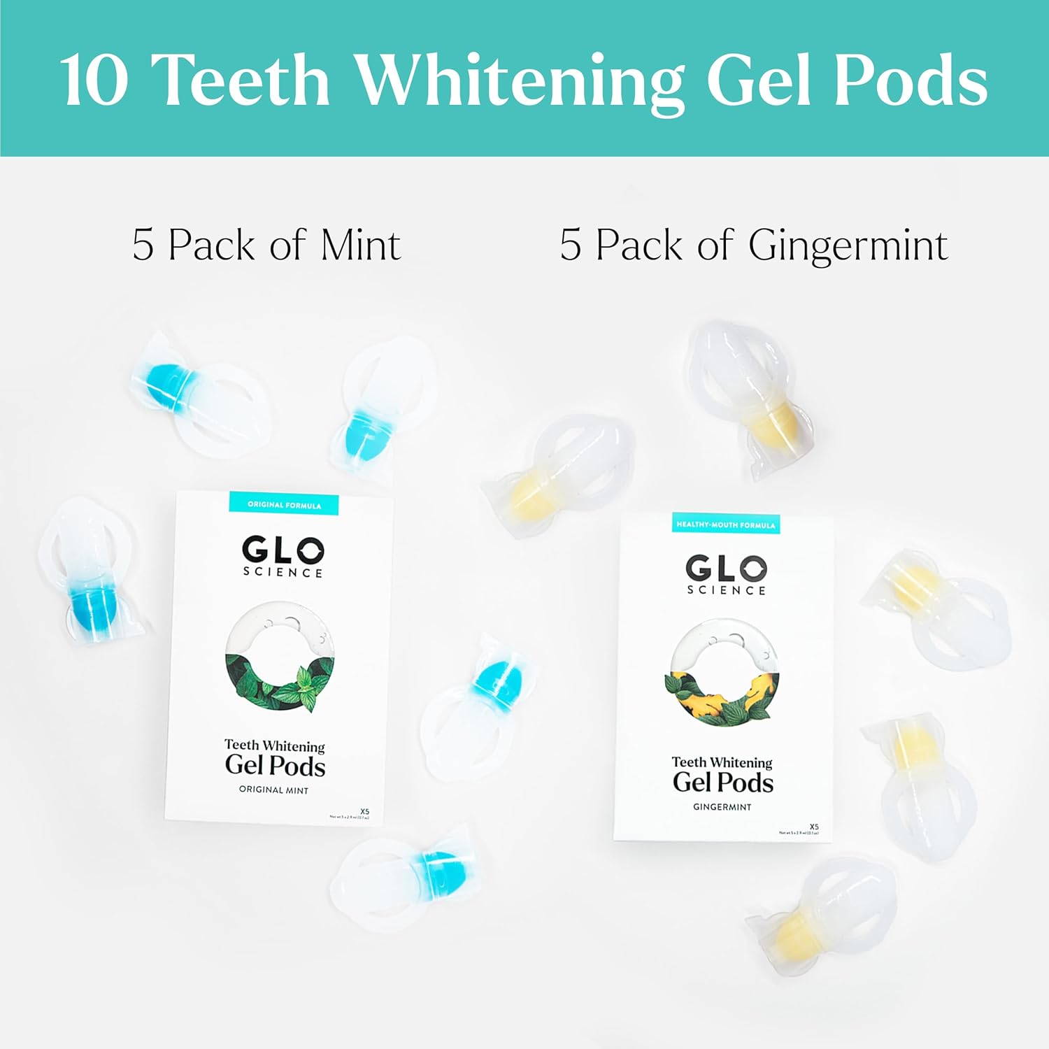 GLO Science Teeth Whitening Gel Pods – Safe, Effective Tooth Whitener with Silicon Brush, 6% Hydrogen Peroxide – Fastest Way to Whiter Teeth, Sensitivity Free – 5-Pack of Mint + 5-Pack of Gingermint