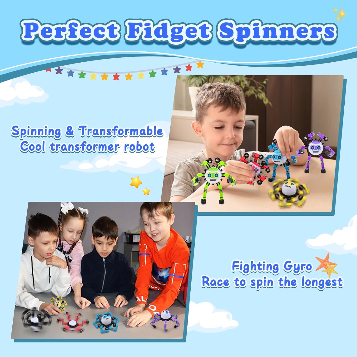 2 PCS Transformable Fidget Spinners Toys for Kids and Adults Stress Relief Sensory Toy for Teens Boys Autism Cool Fingertip Gyros Boy Girl Travel Party Favors Birthdays Gifts Stocking Stuffer