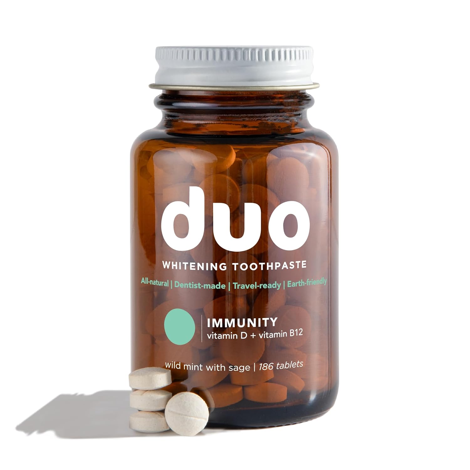 Duo Immunity Toothpaste Tablets – Vitamin D3 + B12 with Nano-Hydroxyapatite | Oral Health Supplement | Wild Mint & Sage Flavor | 186 Tablets, 1 Bottle