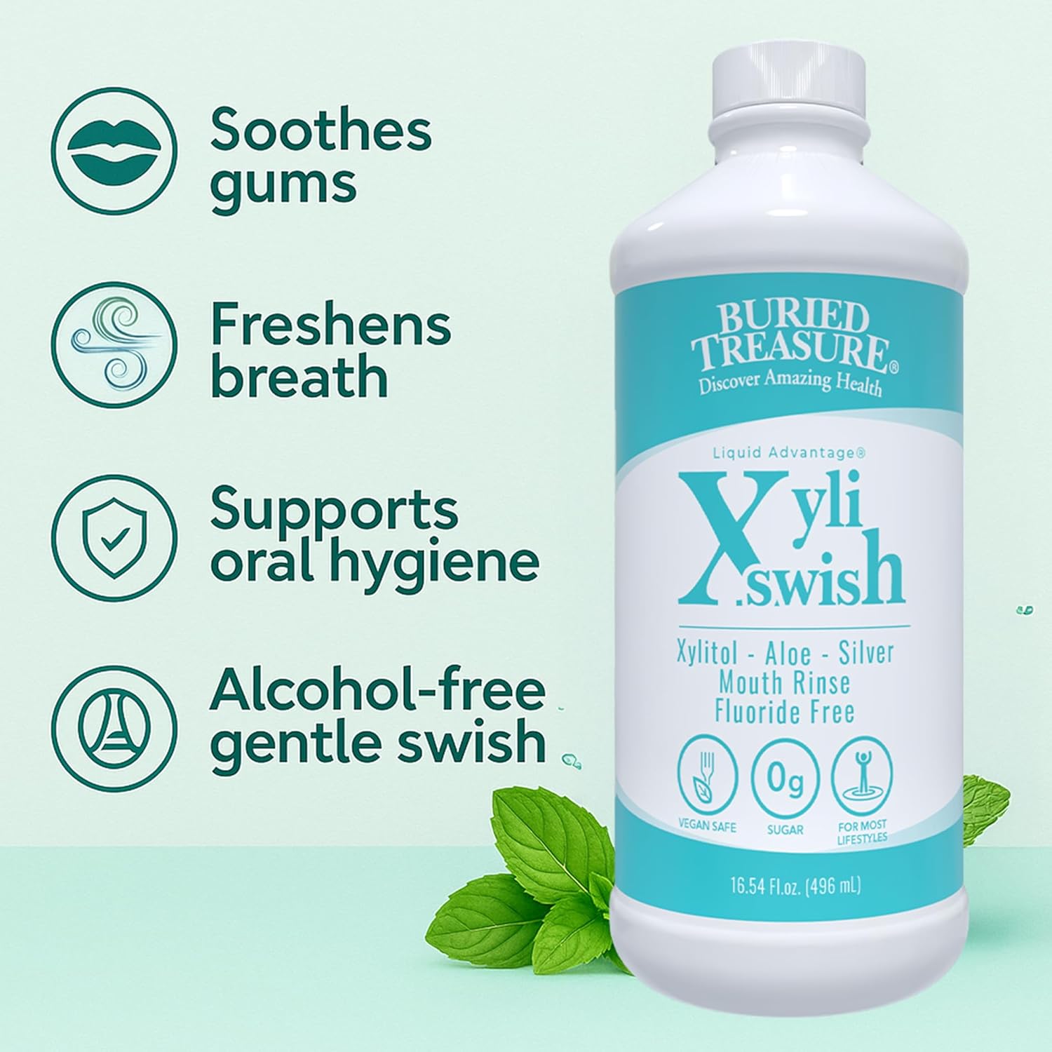 Xyli Swish - All Natural Formulated Nano Silver, Xylitol & Aloe Mouthwash - Alcohol and Fluoride Free - Oral Rinse to Fight Bad Breath & Dry Mouth - Peppermint Flavor - 16oz.