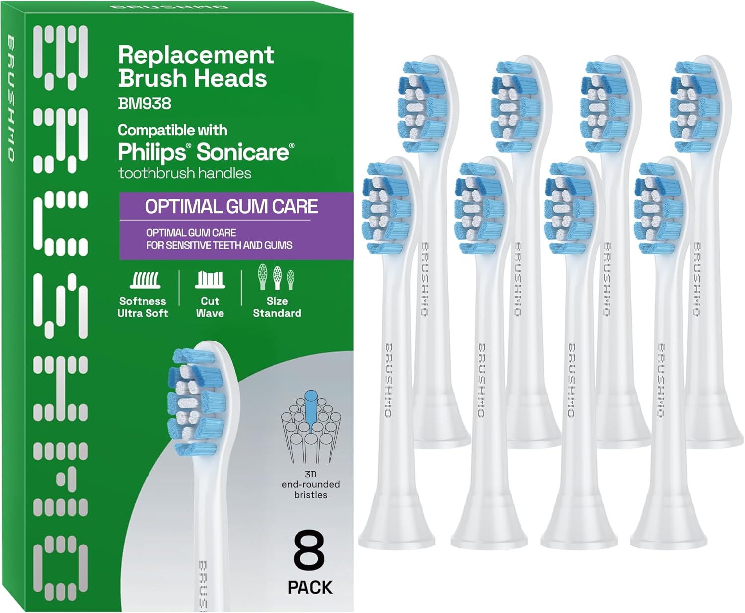 Brushmo Optimal Gum Care Replacement Toothbrush Heads, Compatible with Philips Sonicare Click-on Electric Toothbrush Handles, 8 Standard Replacement Heads, Ultra Soft Dupont Bristles, BM938, White
