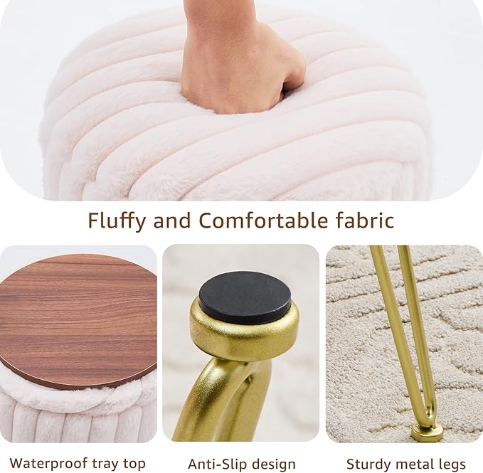 Wimarsbon Vanity Stool with Storage, Faux Fur Ottoman Chair with Metal Legs, Round Makeup Vanity Chair for Bedroom or Dressing Table, Modern Small Ottoman Seat (Champagne-1)