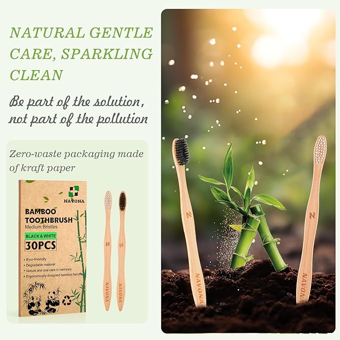 Navona 30 PCS Bamboo Toothbrushes Pack, BPA Free Medium Soft Bristles Toothbrushes for Adults, Eco-Friendly Natural Wooden Toothbrush Bulk, Box of Two Reusable Travel Toothbrush