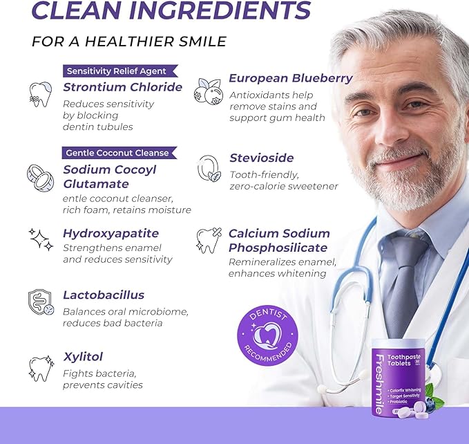 Whitening Toothpaste Tablets with Nano-Hydroxyapatite (NHA) Purple Toothpaste for Teeth Whitening Fluoride-Free, for Sensitive Teeth & Gums, Travel-Friendly Tabs (60 Count)